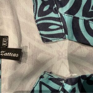 NWOT Zattcas Classy Silky Teal & Black Print Blouse w Tab Sleeves  XXL